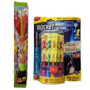 NWT 1 Light Up Slingshot Rocket & Original Rocket Copters Bundle Outdoor Fun